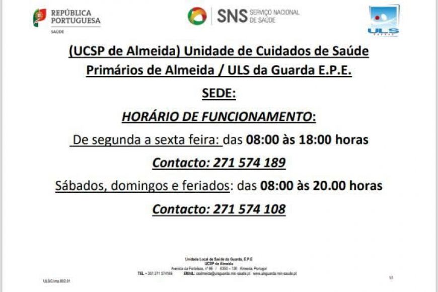 UCSP- Unidade de Cuidados de Sa&uacute;de Personalizados em Almeida. Hor&aacute;rio de funcionamento da UCSP Almeida